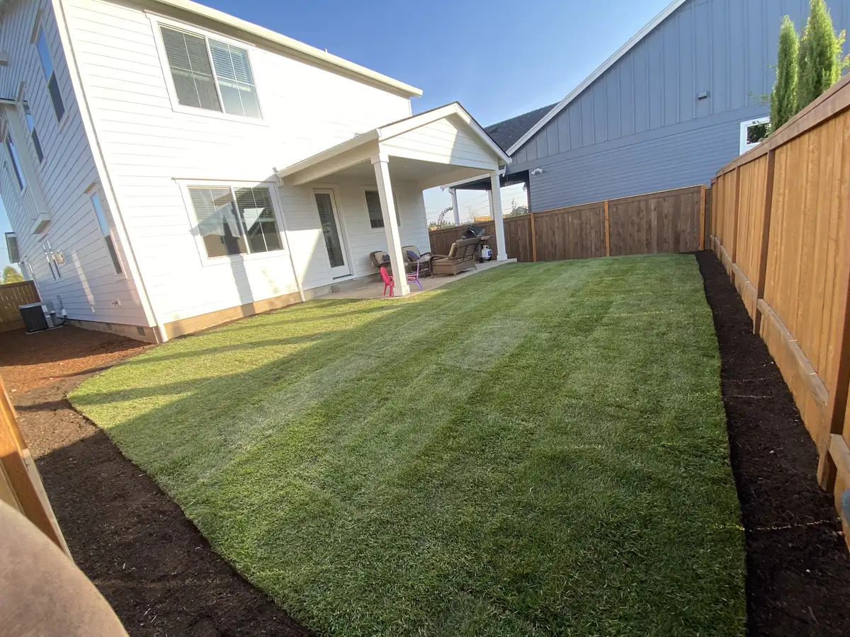 Fresh sod lawn with covered patio by CreekView Landscape in Oregon