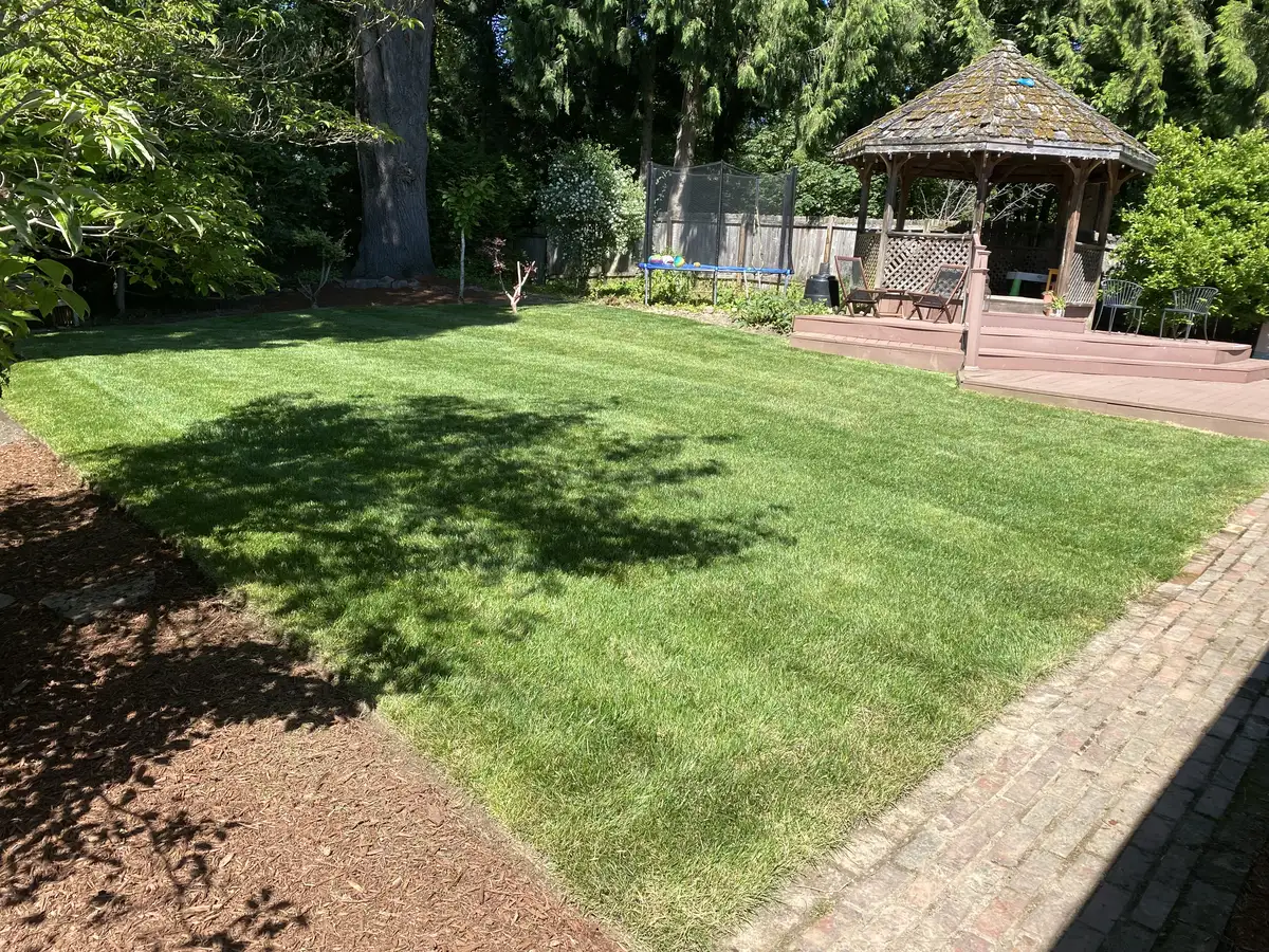 Lush sod with gazebo and mulch border by CreekView Landscape