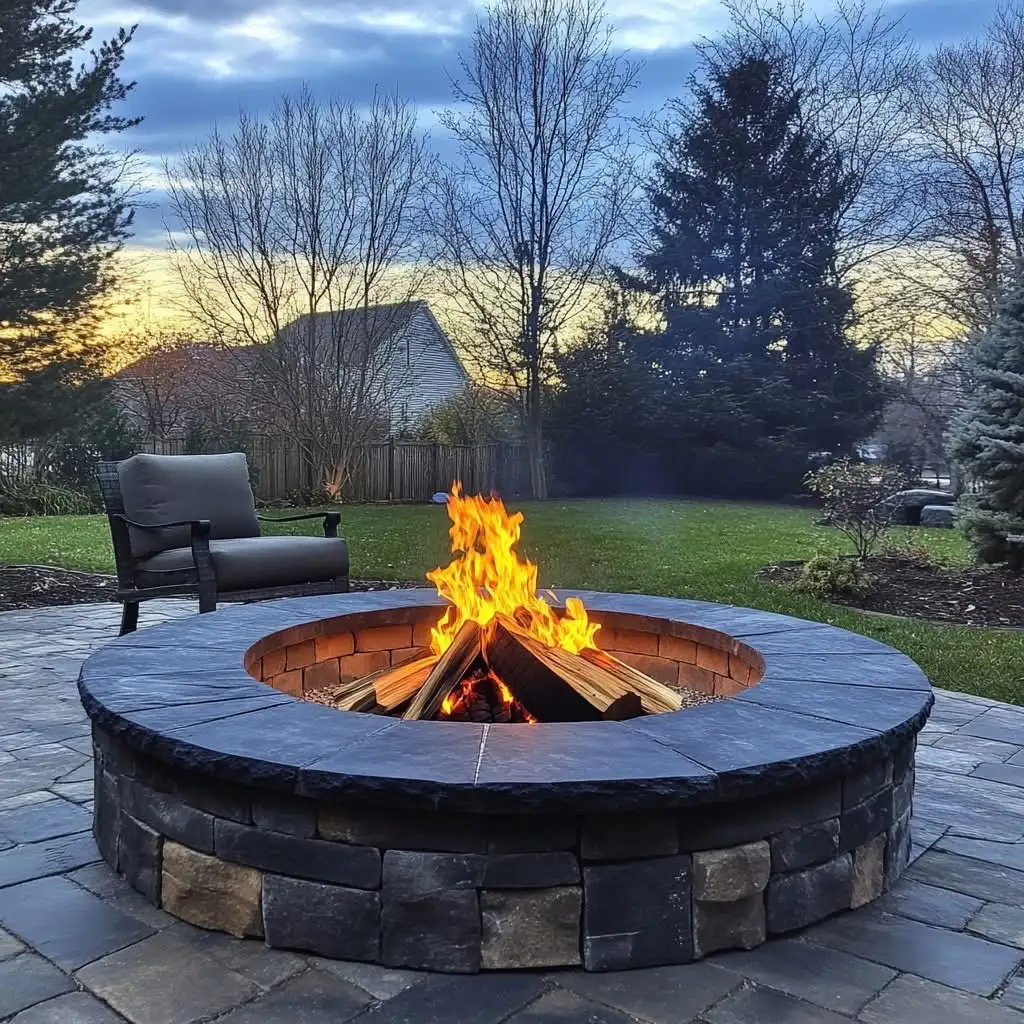 Stone fire pit at sunset on paver patio by CreekView Landscape in Oregon